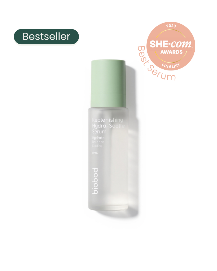 Skincare best hydrating serum for dry sensitive skin glass bottle with green cap on a white background, featuring SHE.com Award badge from biobod.