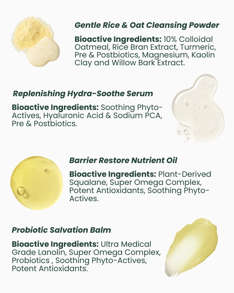 Product packaging with bioactive ingredients listed for cleansing powder, serum, oil, and balm.