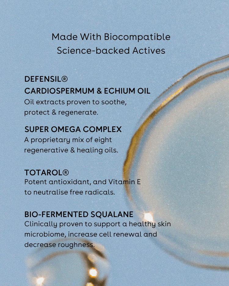 Product description card with text about biocompatible science-backed actives on a blue background.