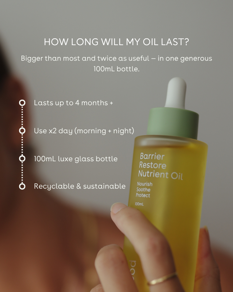 Yellow bottle of Barrier Restore Nutrient Oil with text on oil longevity and product details.