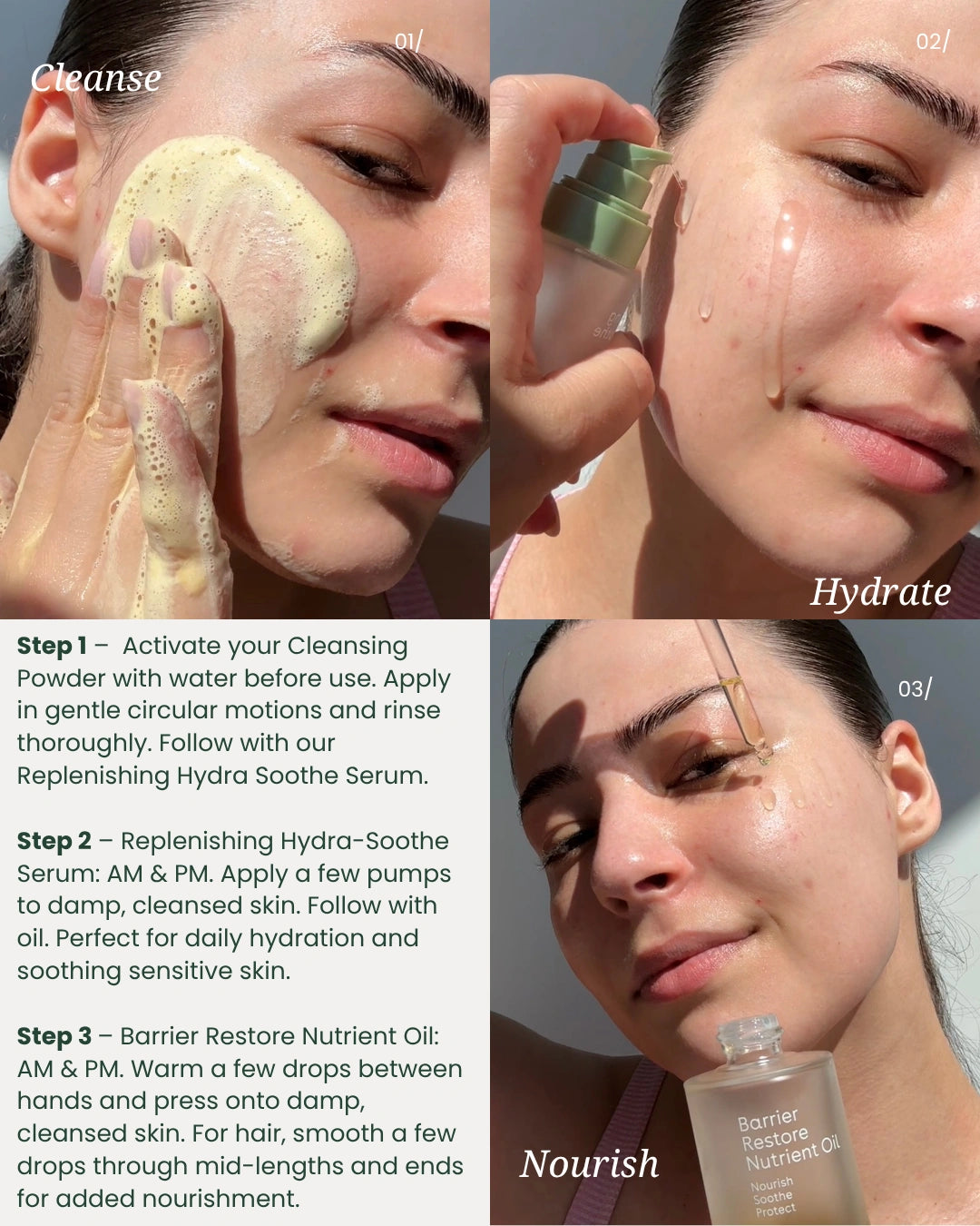 Step-by-step skincare routine with close-ups of a woman applying products.
