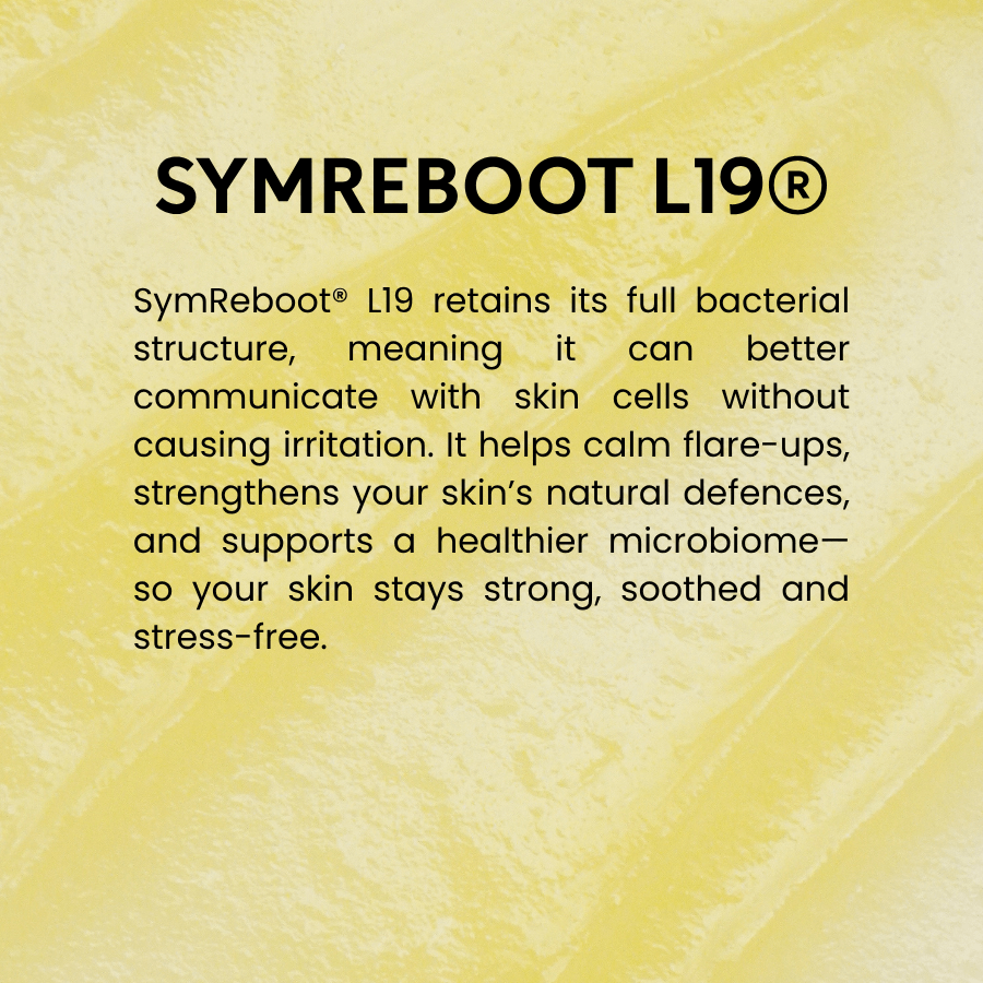 Text benefits about SymReboot L19 for sensitive skin on a yellow background