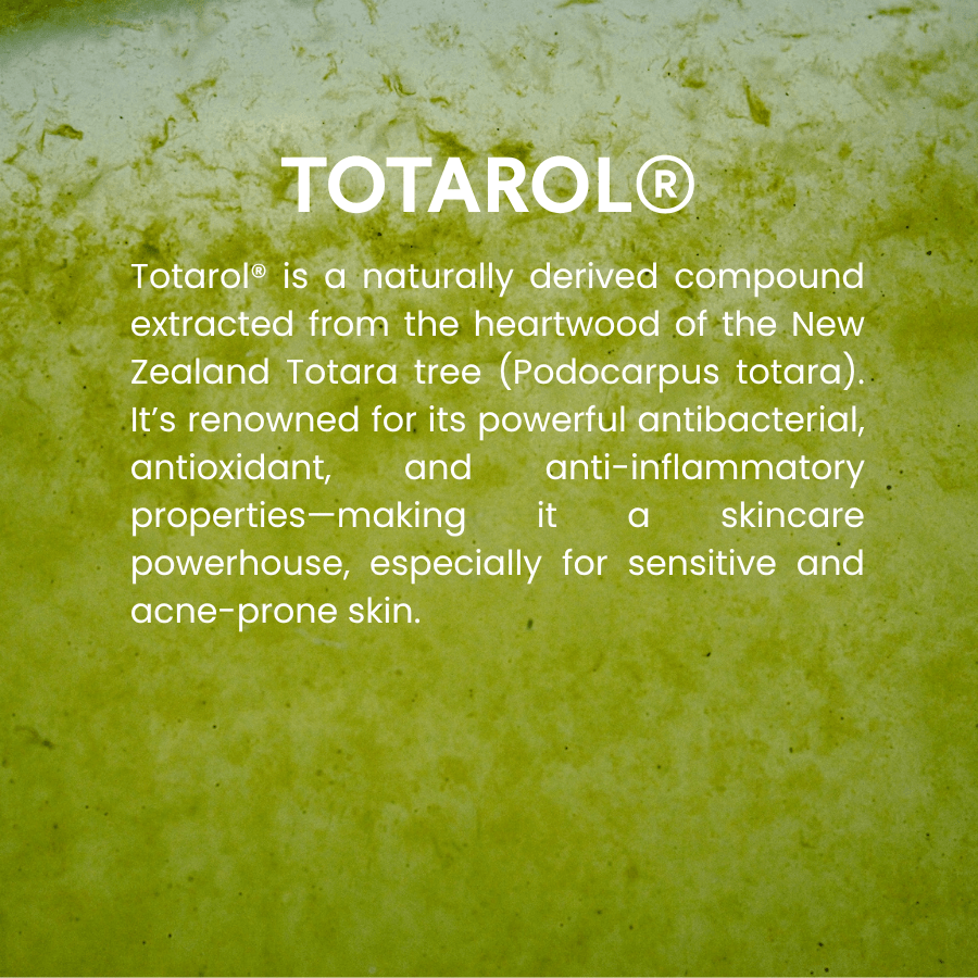 Text about TOTAROL skincare benefits on a green textured background