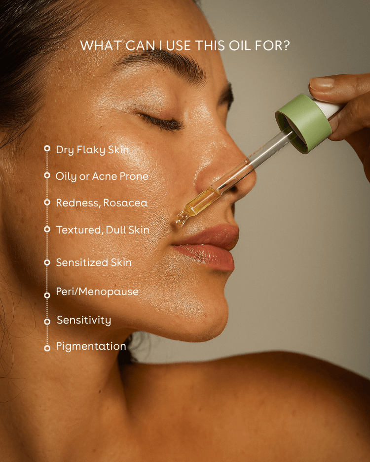 Woman applying face oil for sensitive skin to her face with a dropper, listing skin conditions it can treat.
