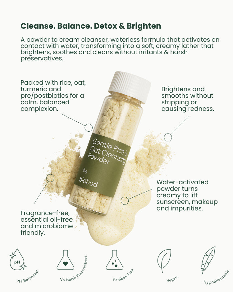 Biobod Gentle Rice & Oat Cleanser Powder packaging with product details and benefits.