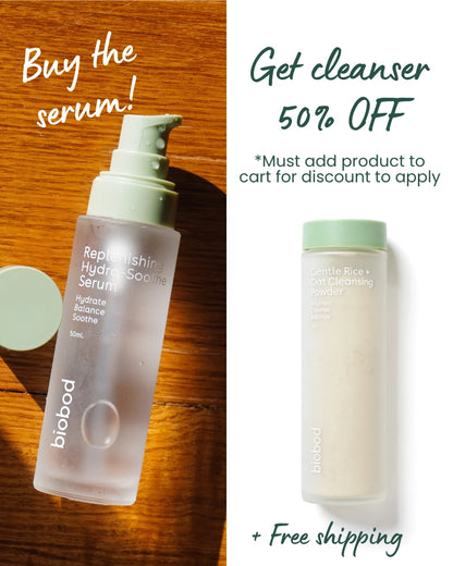 Biobod serum bottle on a wooden surface with promotional text on a white background.