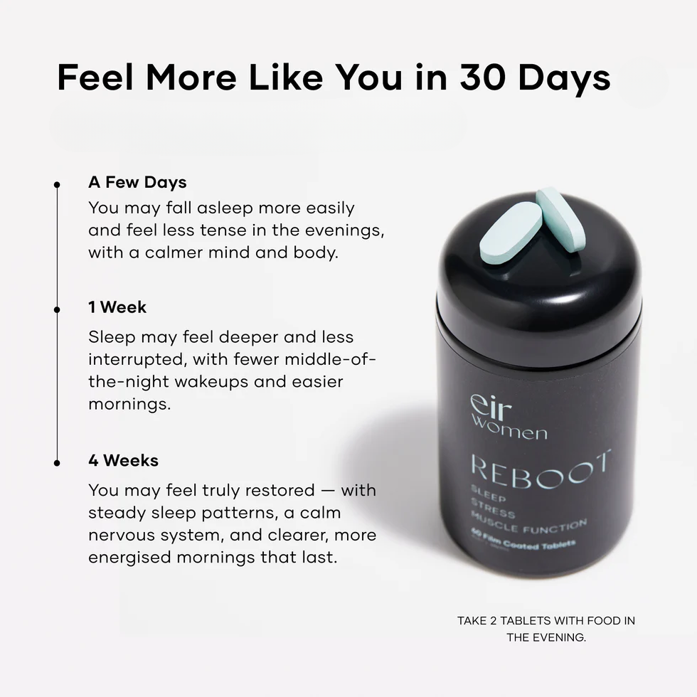 Cer women REBOOT supplement bottle with text on benefits and usage instructions.
