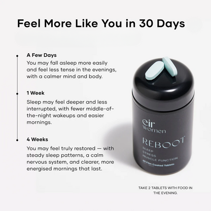 Cer women REBOOT supplement bottle with text on benefits and usage instructions.