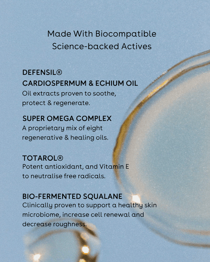 Product description card with text about biocompatible science-backed actives on a blue background.