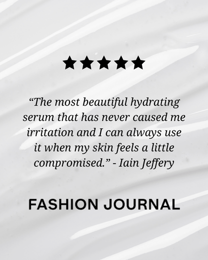 Five-star review of a hydrating serum with a quote from Iain Jeffery on a white background.