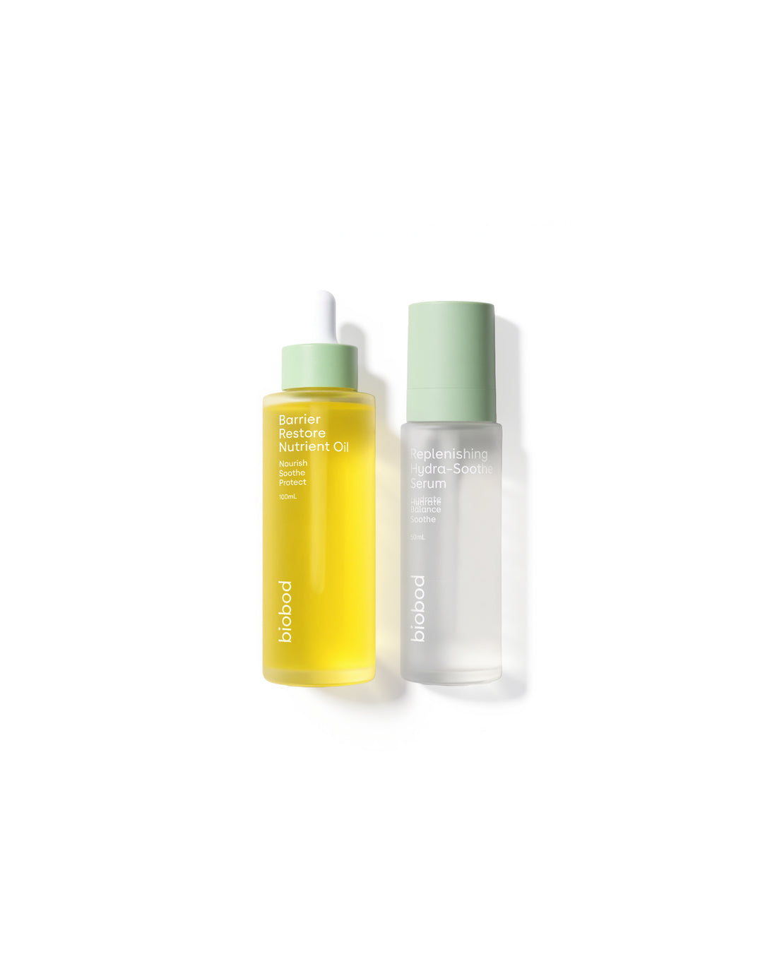 Two skincare bottles, best products for sensitive dry skin one yellow and one clear with a green cap, on a white background.