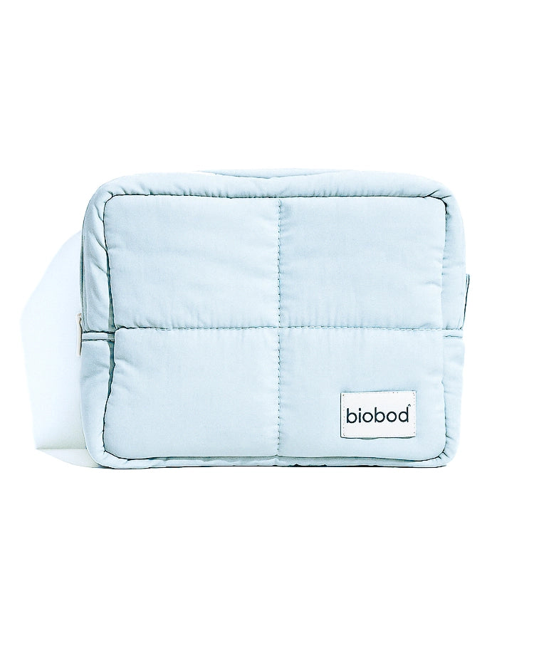Light blue quilted puffer bag with 'biobod' label on a white background