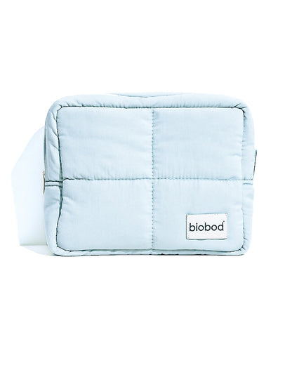 Light blue quilted puffer bag with &