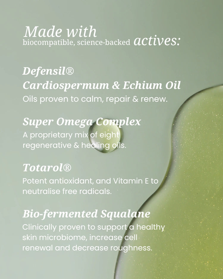 Product label with text about biocompatible actives on a green background