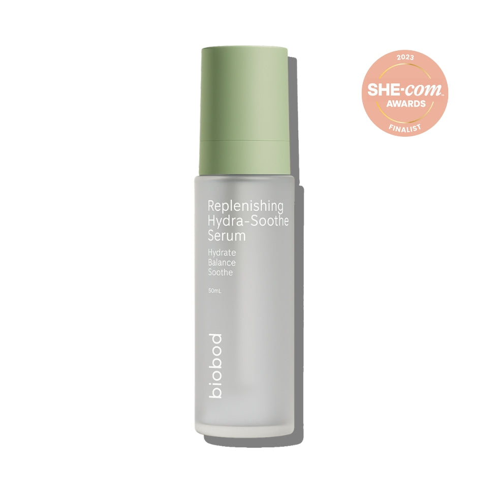 Biobod Replenishing Hydra-Soothe Serum for dry sensitive skin bottle with green cap on a white background