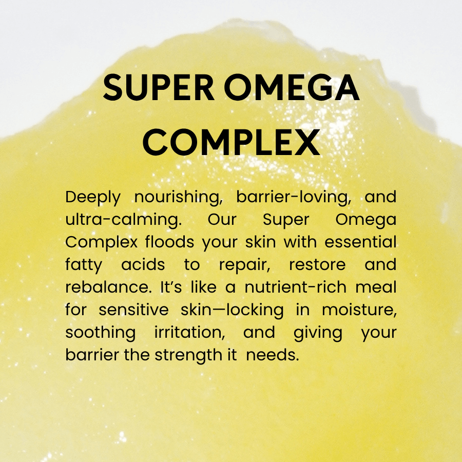 Text about Super Omega Complex skincare benefits for inflamed and irritated skin with a yellow background