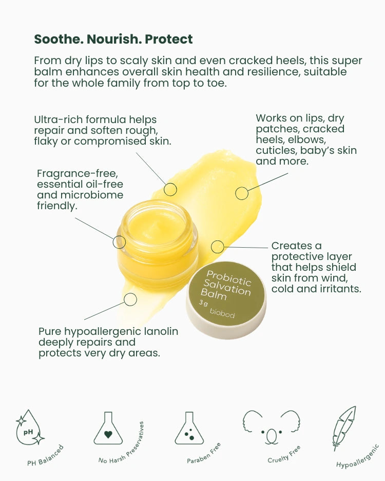 Probiotic salve balm packaging with text on benefits and features.