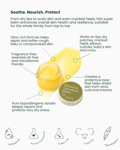 Probiotic salve balm packaging with text on benefits and features.