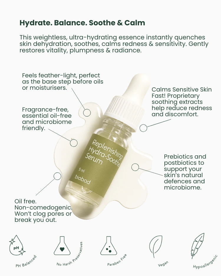 Replenishing Hydro-Soothing Serum bottle with product features on a white background